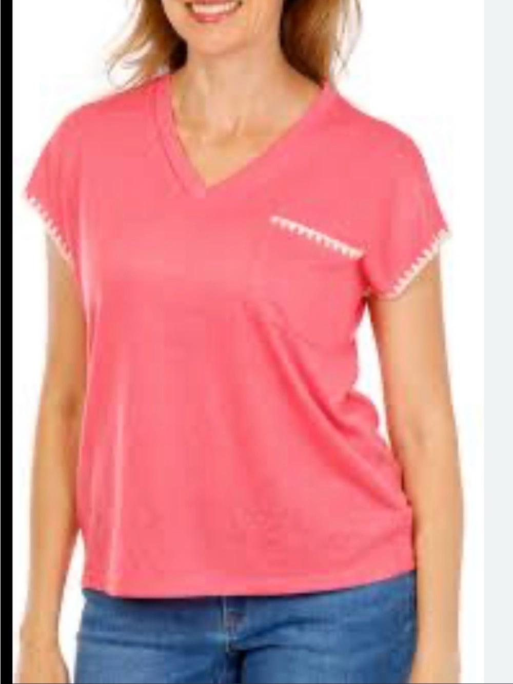 NWT Democracy XS Coral V-Neck Pocket Tee | Contrast Stitch Short Sleeve Top